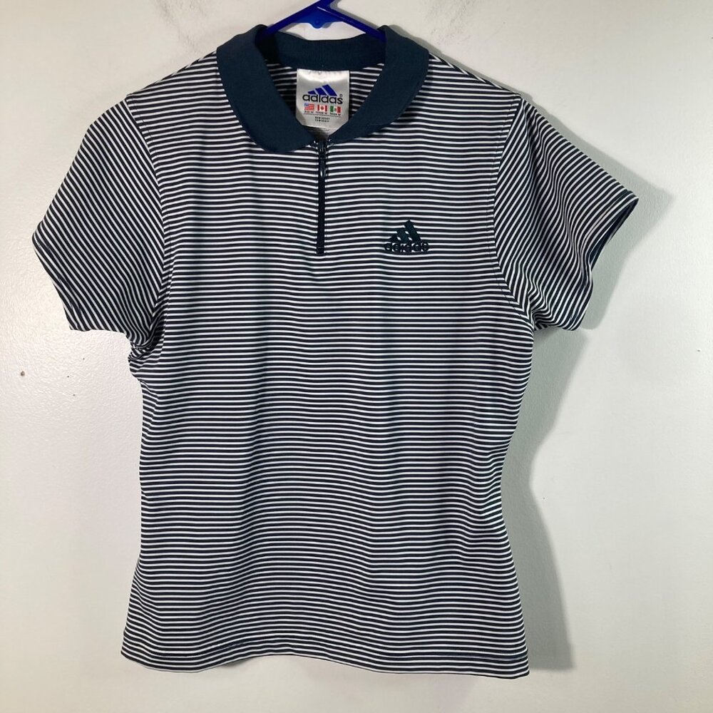 Tops/JacketsWomens Vintage Adidas 1/4 Zip Striped Polo Shirt Blue White M Polyes